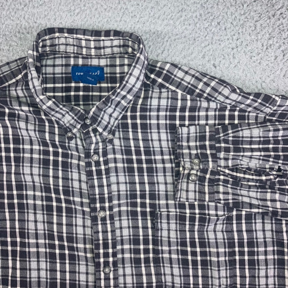 Vtg Towncraft Plaid Button Down Shirt Men 2XL Black‎ Grey L/S Thrashed Outdoor